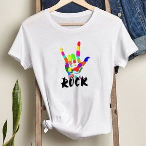 Rock Band T-Shirt Cotton Unisex- love 80s rock Hand Sign- Dance Music colorful